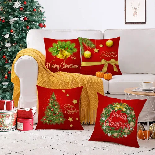Miniatura 5 de Juego de 4 fundas de almohada de Navidad de 12 x 12 pulgadas, fundas de almohada de terciopelo de Navidad, fundas de almohada doradas y rojas