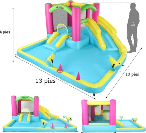 Miniatura 6 de JOYMOR Casa inflable de rebote con tobogán acuático doble para niños de 3 a 10 años, cañones de agua para piscina con salpicaduras