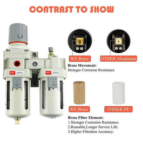 Miniatura 5 de RIH Pneumatics - Regulador de filtro de aire comprimido NPT de 1/2 pulgada, lubricador combinado separador de trampa de agua/aceite, calibre
