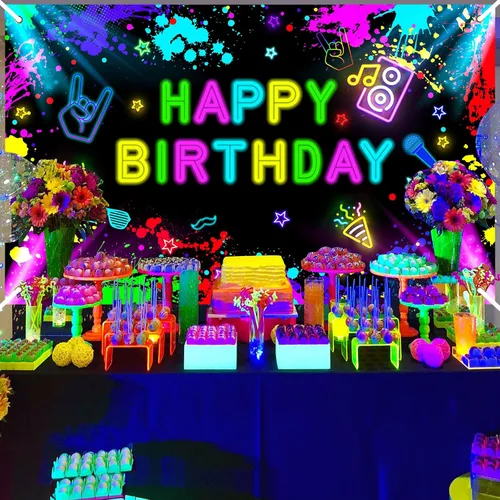 Miniatura 2 de Cartel de cumpleaños neón de 6 x 3.6 pies que brilla en la oscuridad, decoraciones de neón para fiesta de cumpleaños, fondo de fotografía