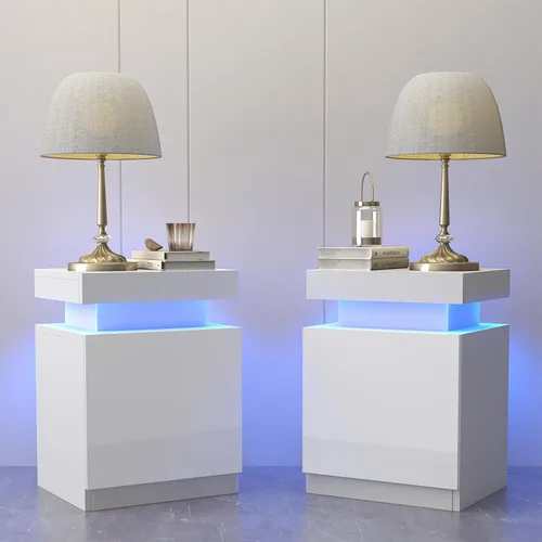 Miniatura 14 de oneinmil Juego de 2 mesitas de noche con luces LED, mesita de noche con armario de almacenamiento para dormitorio, mesita de noche con LED