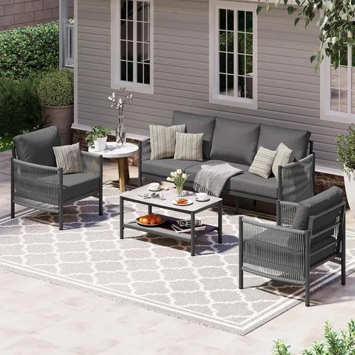 Miniatura 29 de Juego de muebles de aluminio para patio al aire libre con mesa de centro de doble capa, juegos de conversación de patio modernos de 4 piezas