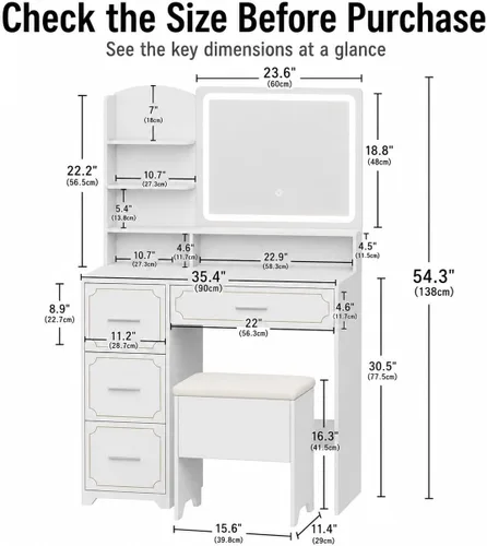 Miniatura 2 de Makeup Vanity Desk with Lighted Mirror and Power Outlet, Vanity Table Set with Stool, 5 Open Shelves and 4 Drawers, White Dressing Table with