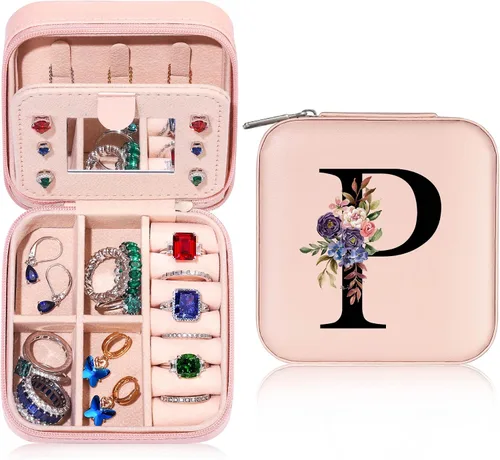 Parima Caja organizadora de joyas, pequeña caja de joyería para mujeres y niñas, estuche de joyería de viaje con inicial, caja organizadora de joyas