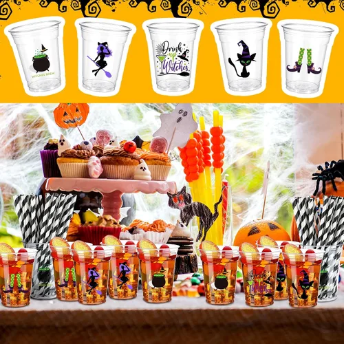Miniatura 4 de Bokon Juego de 100 tazas de Halloween de 12 onzas con temática de bruja, vasos desechables con tapas y pajitas de papel, suministros de fiesta
