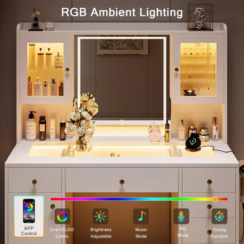 Miniatura 5 de Einhomn Escritorio de tocador de maquillaje con espejo y luces LED, mesa de tocador grande con parte superior de cristal con 7 cajones y 3