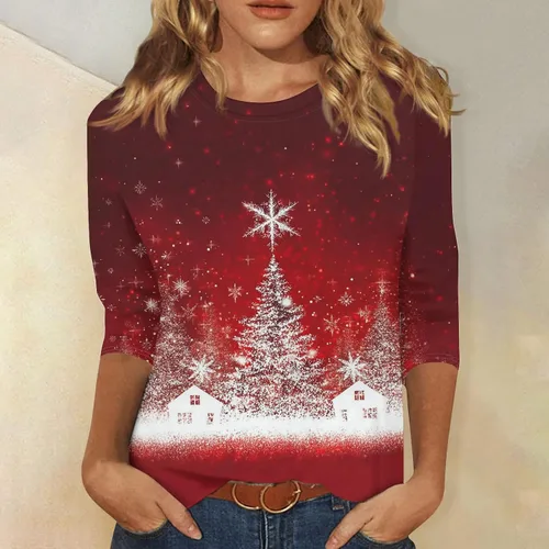 Miniatura 73 de Camisetas de manga 3/4 para mujer, cuello redondo, holgadas, casuales, con estampado floral, camisetas de moda para el trabajo de negocios