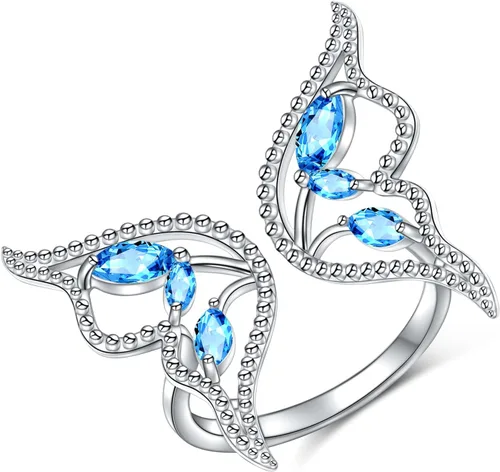 DAOCHONG Anillos de mariposa con circonita cúbica azul y plata de ley 925 para mujeres y niñas, Plata, Zirconia cúbica