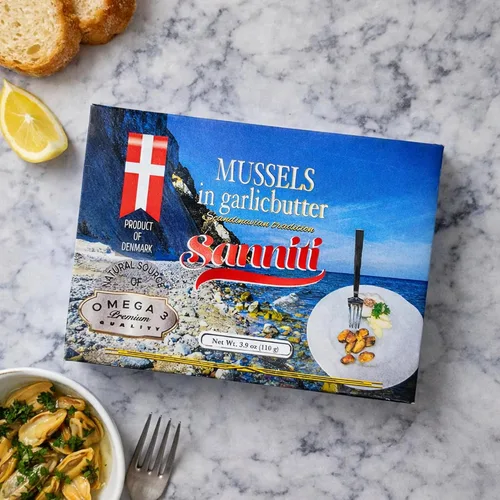 Miniatura 4 de Sanniti Mejillones en mantequilla de ajo, 3.9 onzas Mariscos estilo escandinavo Caliente y servir Producto de Dinamarca Fuente natural