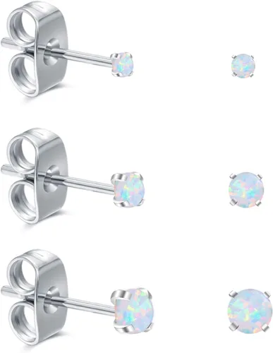 Miniatura 2 de Juego de 3 aretes para mujer, de acero inoxidable, pequeños ópalo sintético, paquete de 3 (SE-29)