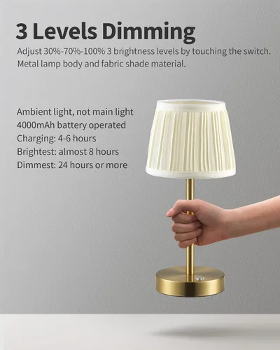 Miniatura 4 de PUSU Juego de 2 lámparas de mesa LED inalámbricas negras, lámpara de cabecera recargable de 4000mAh regulable de 3 vías con pantalla de tela