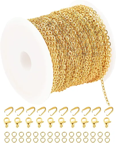 UMAOKANG Cadenas chapadas en oro de 33 pies para fabricación de joyas, carrete de eslabones de cadena de cable plano para manualidades, aretes,