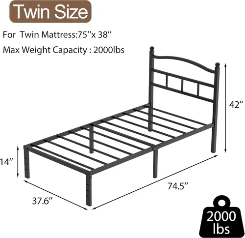 Miniatura 2 de Marco de cama individual de metal de 14 pulgadas con plataforma individual de metal con cabecera y almacenamiento debajo de la cama, camas