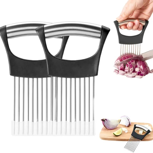 Miniatura 7 de Soporte para rebanar cebollas, nuevo soporte de rebanador de cebolla de acero inoxidable 2025, rebanador de limón, cortador de verduras para carne