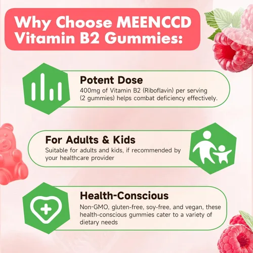 Miniatura 4 de MEENCCD Paquete de 2 gomitas de vitamina B2, riboflavina, suplemento de 400 mg con magnesio para niños y adultos, gomitas B2 para alivio
