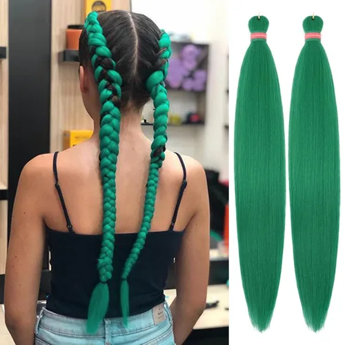 Miniatura 24 de Extensiones de cabello para trenzar verde+verde claro, preestiradas, 2 paquetes, con cabello plumoso pre-trenzado, extensiones de cabello