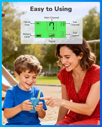 Miniatura 4 de SANJOIN Paquete de 2 walkie talkies para niños, juguetes para niños de 3 a 12 años, juegos al aire libre, walkie talkie de rango de 3 millas