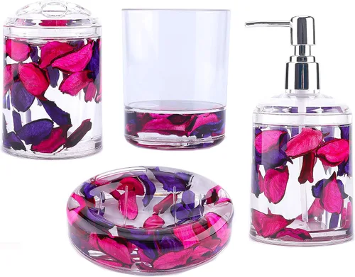 Locco Decor - Juego de 4 piezas de accesorios para tocador de baño, acrílico líquido con movimiento flotante 3D en forma de hoja
