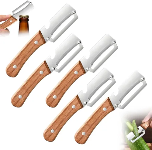 Miniatura 10 de Pelador de verduras premium con mango de madera y abridor de botellas: herramienta de cocina de acero inoxidable 2 en 1 para frutas, manzana