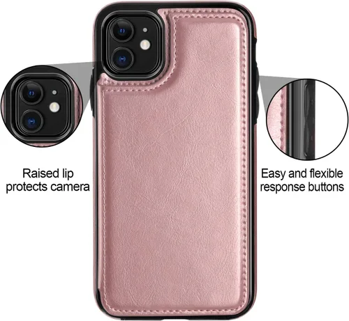 Miniatura 4 de HianDier - Funda tipo cartera para iPhone 11 de 6.1 pulgadas, funda protectora con ranuras para tarjeta de crédito, foto, piel sintética suave, Oro