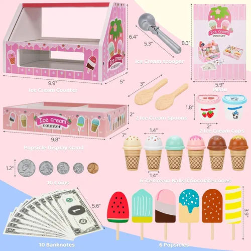 Miniatura 3 de ZJEFUNS Juguetes de Helado de Madera para Niños, Tienda de Helados de Juguete para Niños Pequeños, Comida de Simulación para Jugar, Servir con Rosa