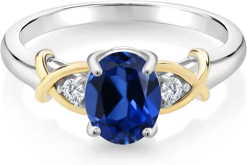 Miniatura 2 de Gem Stone King Anillo de oro amarillo de 10 quilates de 2 tonos y plata de ley 925 con zafiro creado en azul y diamantes cultivados en laboratorio