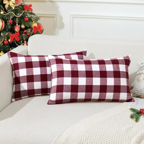 Miniatura 19 de OTOSTAR Paquete de 2 fundas de almohada decorativas de cuadros búfalo navideños de 12x20 pulgadas, lino clásico estilo granja, fundas de cojín