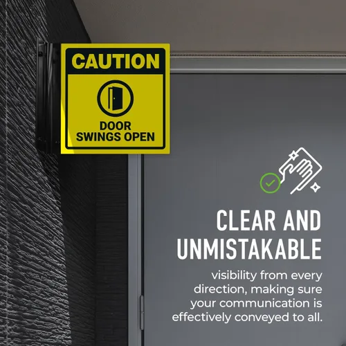 Miniatura 4 de Caution Doors Swings - Letrero de proyección abierto, doble cara, 6 x 6 pulgadas, ACM, con accesorio negro satinado, fabricado en Estados Unidos