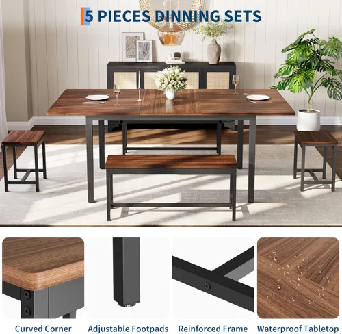 Miniatura 7 de GarveeHome juego de mesa de comedor de 5 piezas para 4-8 personas, mesa de cocina grande extensible de 63 pulgadas con 2 bancos y 2 taburetes Marrón