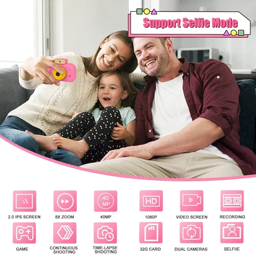 Miniatura 2 de Cámara para niños, cámara digital rosa para selfie, juguetes de cumpleaños para niñas de 3 a 9 años, grabadora de video digital HD portátil