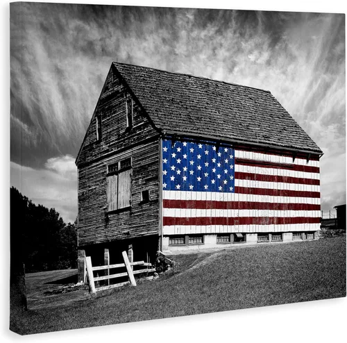 Miniatura 2 de Stupell Industries Granero blanco y negro con bandera estadounidense, diseñado por James Mcloughlin, 30 x 24, lienzo decorativo para pared