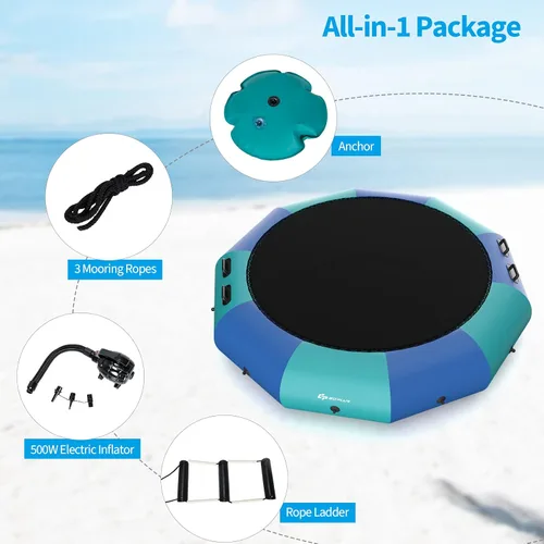 Miniatura 5 de Goplus - Trampolín inflable de agua de 10 pies, 12 pies, 15 pies, rebotador acuático recreativo con inflador eléctrico, escalera de cuerda, cuerdas