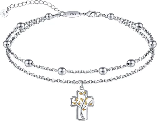 Miniatura 68 de CHIC & ARTSY Tobilleras de plata de ley S925 para mujer, pulsera de tobillo ajustable multicapa para playa, joyería de verano para mujer, de 10 a 11
