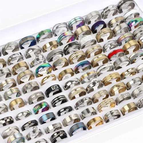 Miniatura 3 de 50PcsLot Fashion Stainless Steel Heart Rhinestone Band Rings For Women Men Mix Style Party Jewelry Wholesale