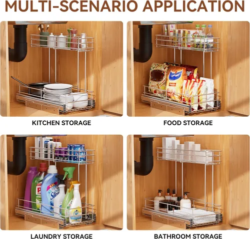 Miniatura 6 de Organizador de gabinete extraíble de 2 niveles para debajo del fregadero, cesta de estante de alambre deslizante para gabinetes de base de cocina, 9