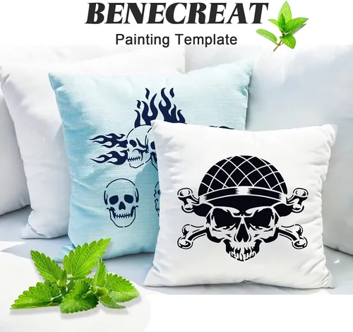 Miniatura 8 de BENECREAT 12 plantillas de dibujo de plástico con patrón de calavera, plantilla de pintura de suspenso de terror de 12 x 12 pulgadas para hacer Tema