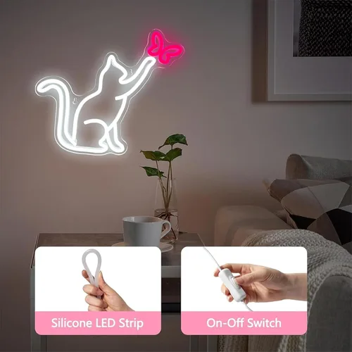 Miniatura 5 de Señales de neón de gato, señal de neón LED de gato y mariposa para decoración de pared, lindas luces de neón de gato, señal de luz de neón de arte