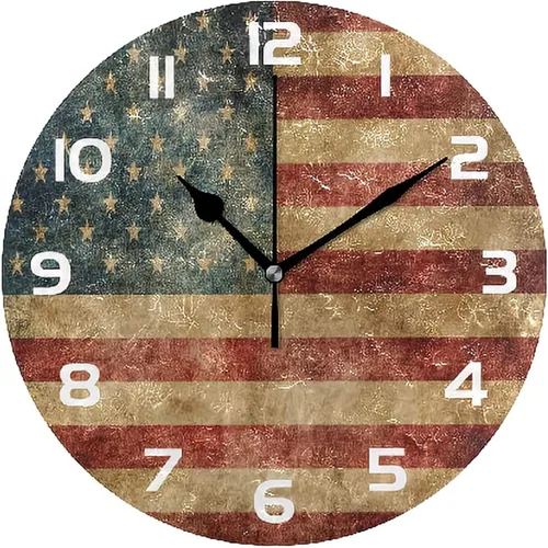 ArogGeld Reloj de pared retro con bandera estadounidense, relojes redondos de madera vintage, decoración de pared de 15 pulgadas, funciona con A-3