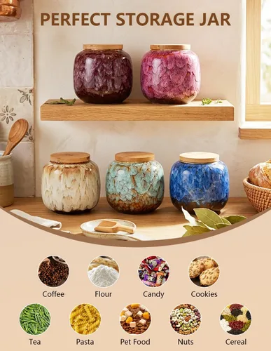 Miniatura 16 de Tarros de almacenamiento de cerámica, exquisitos tarros de alimentos con esmalte para almacenamiento de especias de cocina, tarros para té, tarros