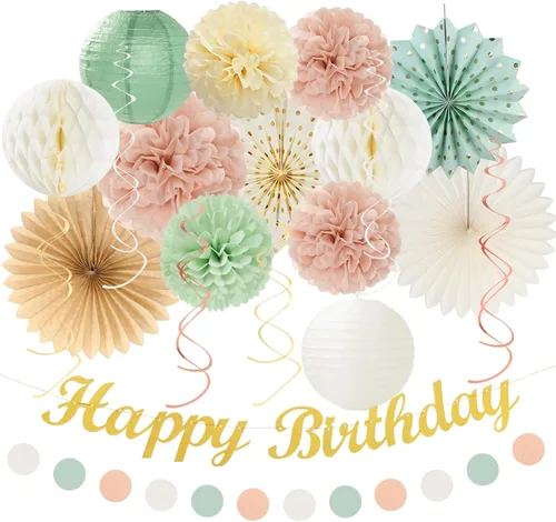 Miniatura 15 de Paquete de decoración de fiesta de cumpleaños para mujeres y hombres - 21 piezas. Banner feliz, papel de banderines, linternas de panal, pompones