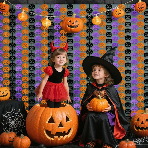Miniatura 4 de Cortinas de flecos de aluminio con patrón de calabaza para decoraciones de fiesta de Halloween, telón de fondo de pesadilla de Jack Nightmare