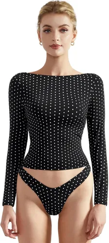 Miniatura 8 de SUUKSESS Camiseta de mujer con cuello redondo, manga larga, doblemente forrada, ajustada y corta
