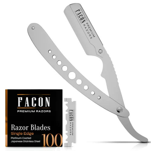 Miniatura 15 de Facón Navajas rectas para hombres - Kit de navaja de barbero profesional de borde recto con 100 cuchillas, afeitadora clásica de acero inoxidable El
