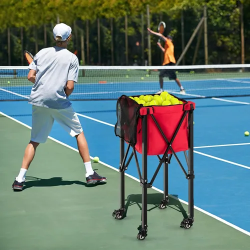 Miniatura 5 de GYMAX Tolva de pelota de tenis, carrito plegable para 150 pelotas de tenis con bolsa de transporte, marco de fácil montaje, bolsa extraíble y 4 Rojo