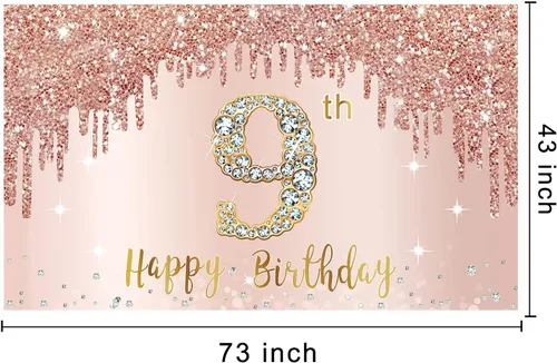 Miniatura 2 de Cartel de feliz 9º cumpleaños para niñas, suministros de fiesta de noveno año de oro rosa, cartel rosa de 9 años, decoración de cabina de fotos