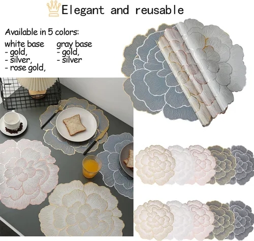 Miniatura 4 de 6 manteles individuales redondos florales de vinilo metálico brillante, resistentes al calor, reutilizables, para decoración de bodas, fiestas