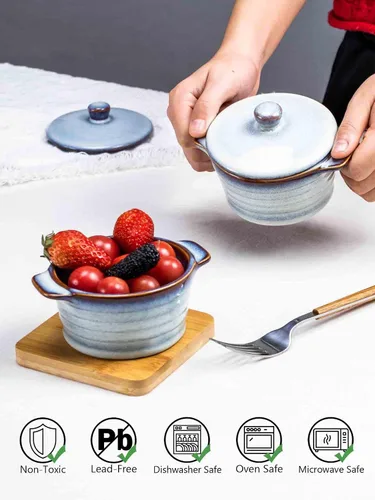 Miniatura 5 de Henten Home Ramequines de cerámica de 8 onzas con tapa, mini cocotte de porcelana con asa, juego de 4, cazuelas de esmalte reactivo para hornear