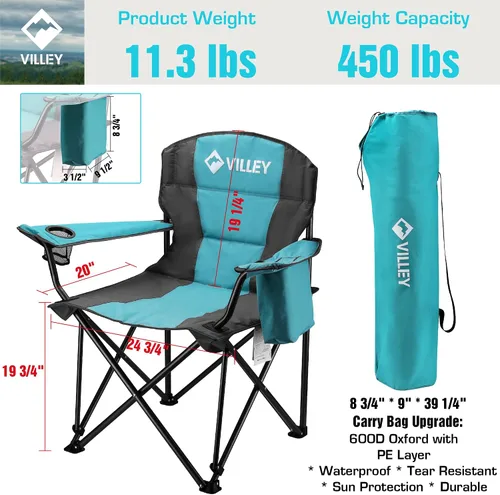 Miniatura 5 de VILLEY Silla de campamento, silla de campamento plegable de gran tamaño, sillas portátiles para exteriores con soporte de 450 libras con asientos