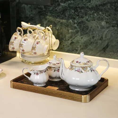 Miniatura 2 de ACMLIFE Juego de té de porcelana de hueso para adultos, juego de té de porcelana fina blanca y floral de 21 piezas, juego de 6 tazas de té inglés