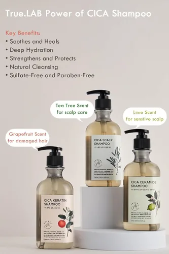 Miniatura 6 de TheMogan True.LAB Champú de queratina Cica 9.6 fl oz - Fórmula calmante y fortalecedora con centella asiática, queratina y aceites naturales para un
